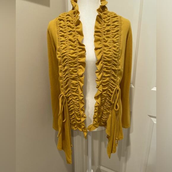 Yellow Ruffle Smocked Cardigan Lightweight Boutique Sweater- Medium - Picture 1 of 10